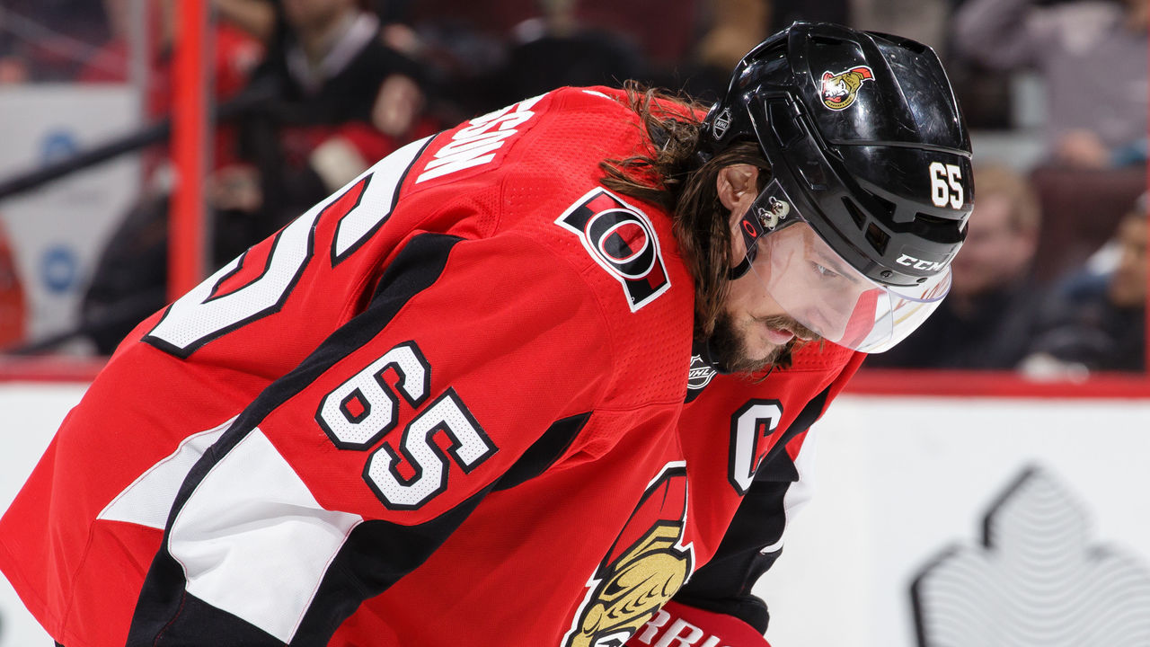 OTTAWA, ON - MARCH 9: Erik Karlsson #65 of the Ottawa Senators reacts after a long shift in a game against the Calgary Flames at Canadian Tire Centre on March 9, 2018 in Ottawa, Ontario, Canada. *** Local Caption ***