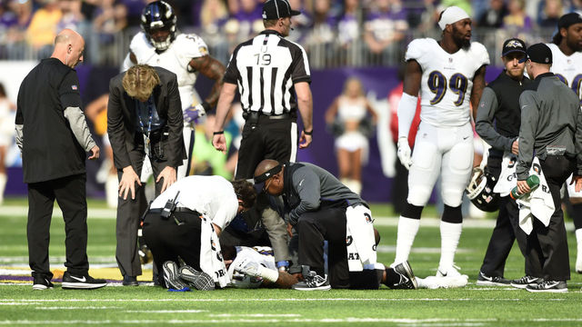 MINNEAPOLIS, MN - OCTOBER 22: Mike Wallace #17 of the Baltimore Ravens lies on the field while being assessed by medical staff in the first quarter of the game against the Minnesota Vikings on October 22, 2017 at U.S. Bank Stadium in Minneapolis, Minnesota. Wallace was ruled out of the game with a concussion.