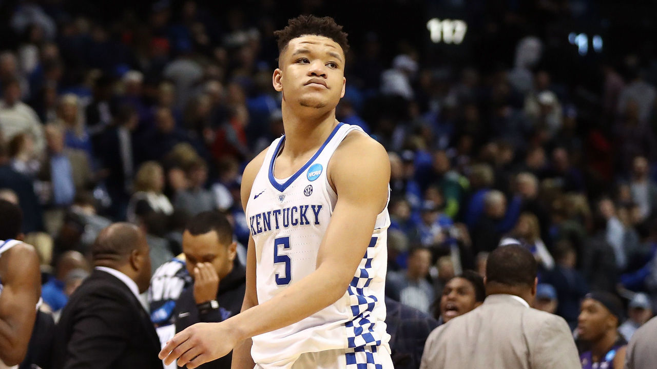 ATLANTA, GA - MARCH 22: Kevin Knox #5 of the Kentucky Wildcats walks off the court after being defeated by the Kansas State Wildcats during the 2018 NCAA Men's Basketball Tournament South Regional at Philips Arena on March 22, 2018 in Atlanta, Georgia. Kansas State defeated Kentucky 61-58.