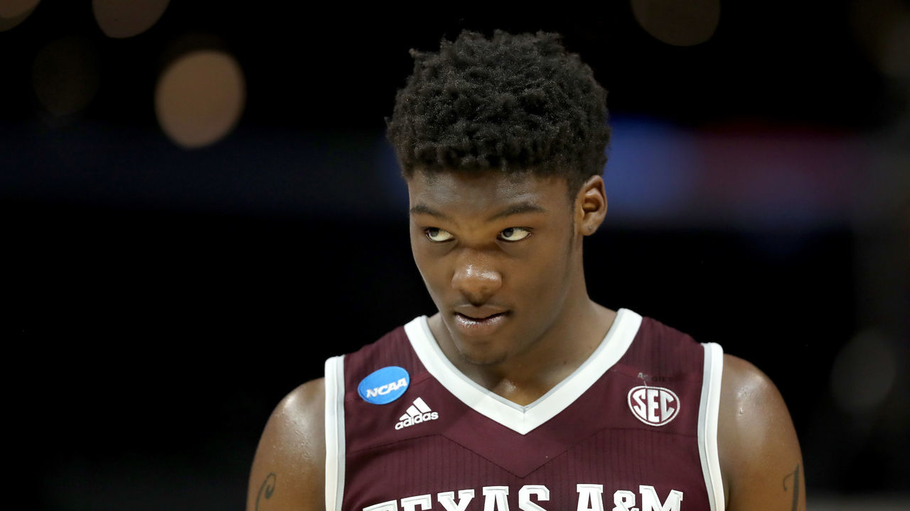 LOS ANGELES, CA - MARCH 22: Robert Williams #44 of the Texas A&M Aggies looks on while taking on the Michigan Wolverines in the 2018 NCAA Men's Basketball Tournament West Regional at Staples Center on March 22, 2018 in Los Angeles, California.