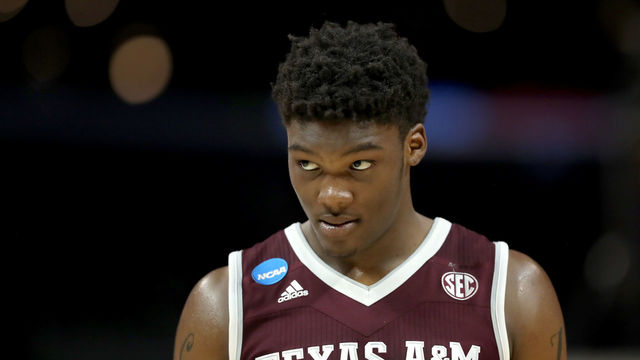 LOS ANGELES, CA - MARCH 22: Robert Williams #44 of the Texas A&M Aggies looks on while taking on the Michigan Wolverines in the 2018 NCAA Men's Basketball Tournament West Regional at Staples Center on March 22, 2018 in Los Angeles, California.