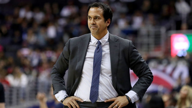 WASHINGTON, DC - NOVEMBER 17: Head coach Erik Spoelstra of the Miami Heat watches during the second half against the Washington Wizards at Capital One Arena on November 17, 2017 in Washington, DC.