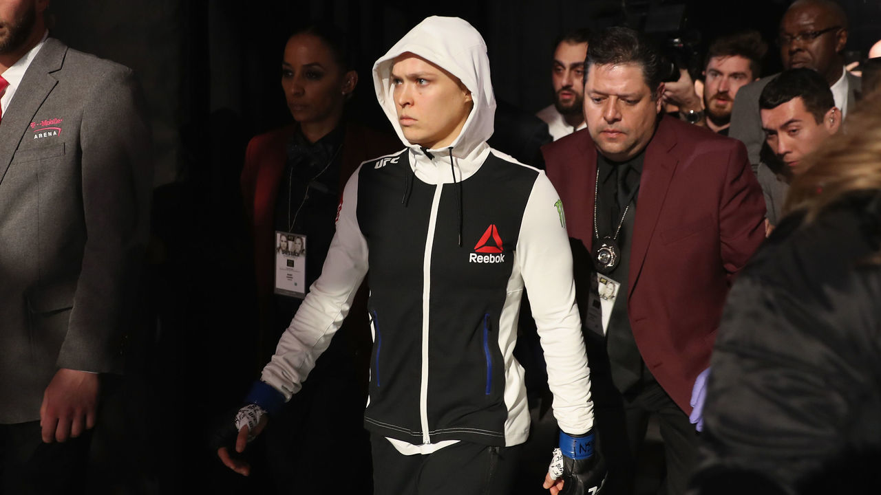 LAS VEGAS, NV - DECEMBER 30: Ronda Rousey walks to the Octagon to face Amanda Nunes of Brazil in their UFC women's bantamweight championship bout during the UFC 207 event on December 30, 2016 in Las Vegas, Nevada.