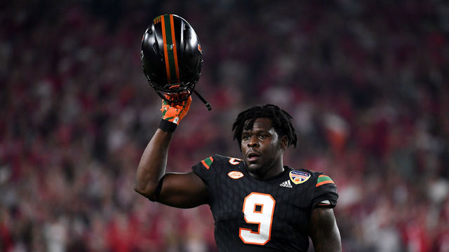 MIAMI GARDENS, FL - DECEMBER 30: Chad Thomas #9 of the Miami Hurricanes reacts during the first quarter of the 2017 Capital One Orange Bowl against the Wisconsin Badgers at Hard Rock Stadium on December 30, 2017 in Miami Gardens, Florida.