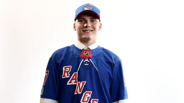 CHICAGO, IL - JUNE 23: Lias Andersson poses for a portrait after being selected seventh overall by the New York Rangers during the 2017 NHL Draft at the United Center on June 23, 2017 in Chicago, Illinois.