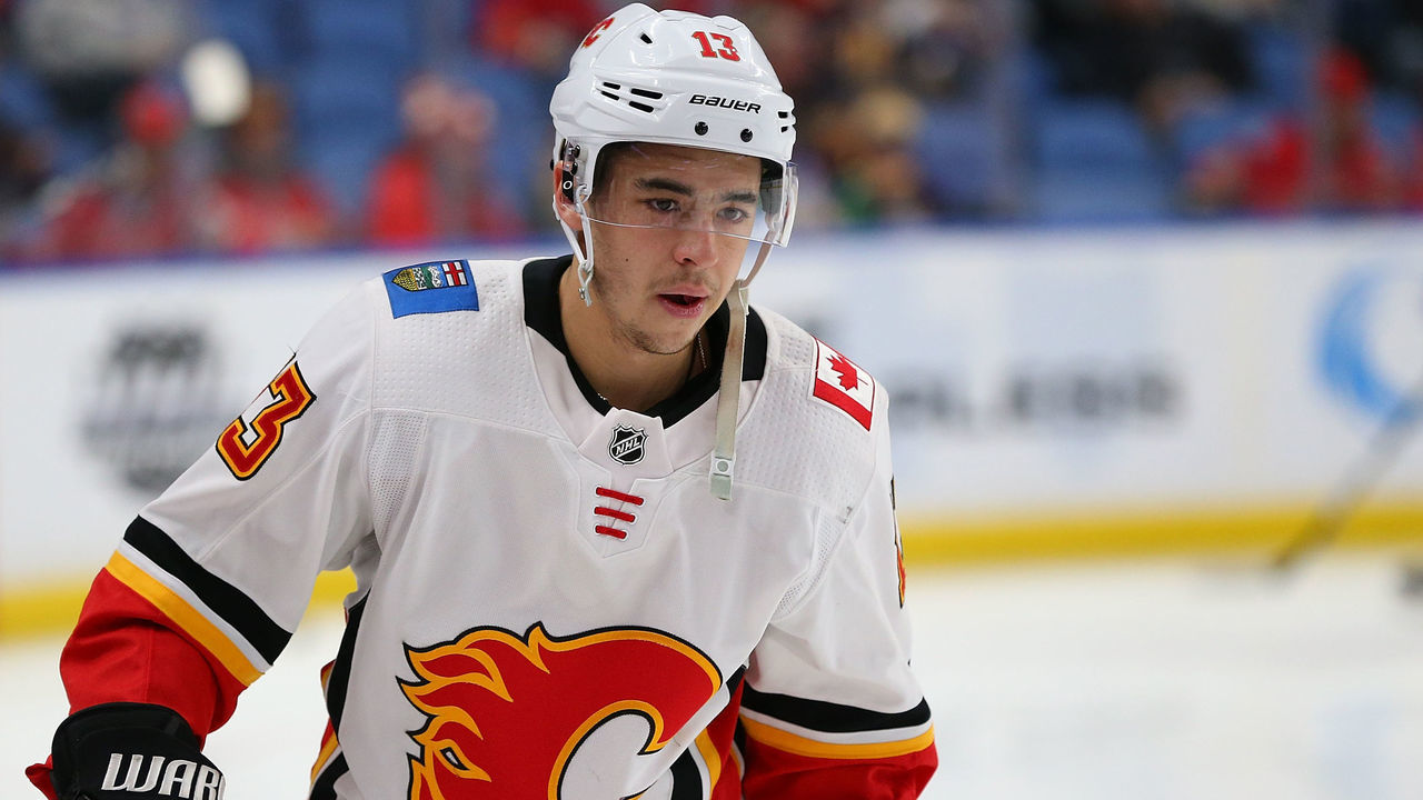 BUFFALO, NY - MARCH 7: Johnny Gaudreau #13 of the Calgary Flames skates in warm-ups prior to the game against the Buffalo Sabres at KeyBank Center on March 7, 2018 in Buffalo, New York.