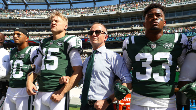 EAST RUTHERFORD, NJ - SEPTEMBER 24: Jermaine Kearse #10, Josh McCown #15, Christopher Johnson and Jamal Adams #33 of the New York Jets stand in unison with their team during the National Anthem prior to an NFL game against the Miami Dolphins at MetLife Stadium on September 24, 2017 in East Rutherford, New Jersey.
