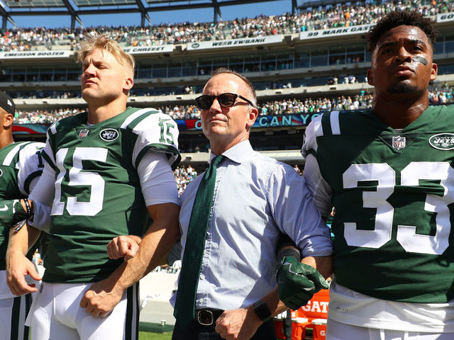 EAST RUTHERFORD, NJ - SEPTEMBER 24: Jermaine Kearse #10, Josh McCown #15, Christopher Johnson and Jamal Adams #33 of the New York Jets stand in unison with their team during the National Anthem prior to an NFL game against the Miami Dolphins at MetLife Stadium on September 24, 2017 in East Rutherford, New Jersey.