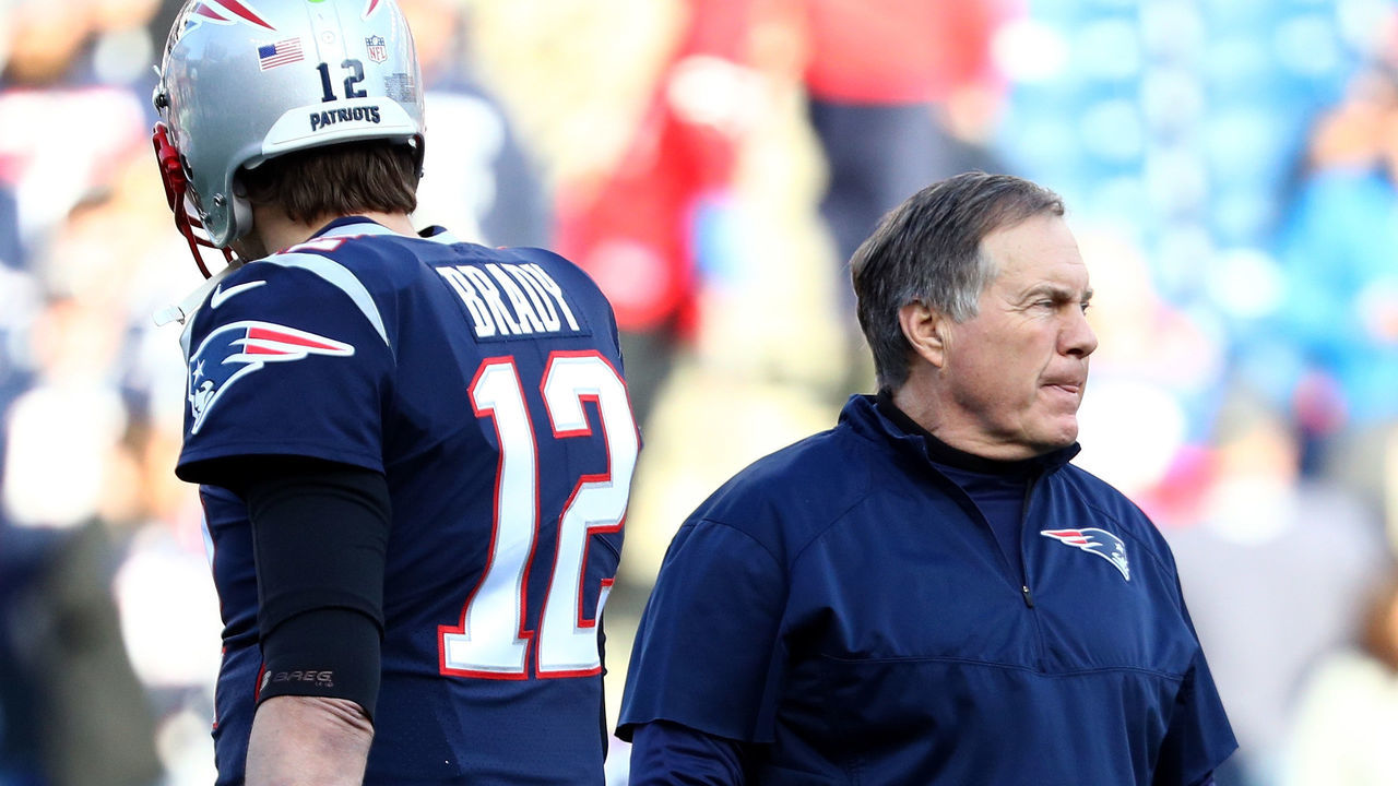FOXBOROUGH, MA - JANUARY 21: Tom Brady #12 of the New England Patriots and head coach Bill Belichick look on during warm ups before the AFC Championship Game against the Jacksonville Jaguars at Gillette Stadium on January 21, 2018 in Foxborough, Massachusetts.