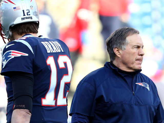 FOXBOROUGH, MA - JANUARY 21: Tom Brady #12 of the New England Patriots and head coach Bill Belichick look on during warm ups before the AFC Championship Game against the Jacksonville Jaguars at Gillette Stadium on January 21, 2018 in Foxborough, Massachusetts.