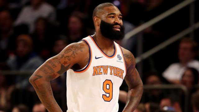 NEW YORK, NY - JANUARY 10: Kyle O'Quinn #9 of the New York Knicks reacts after he is called for a technical foul in the second half against the Chicago Bulls at Madison Square Garden on January 10, 2018 in New York City.The Chicago Bulls defeated the New York Knicks 122-119 in double overtime.