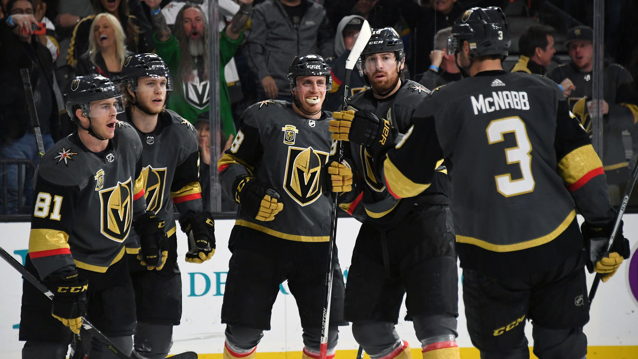 LAS VEGAS, NV - MARCH 18: (L-R) Jonathan Marchessault #81, William Karlsson #71, Nate Schmidt #88, James Neal #18 and Brayden McNabb #3 of the Vegas Golden Knights celebrate on the ice after Karlsson scored the first of his three goals in the second period against the Calgary Flames during their game at T-Mobile Arena on March 18, 2018 in Las Vegas, Nevada. The Golden Knights won 4-0.