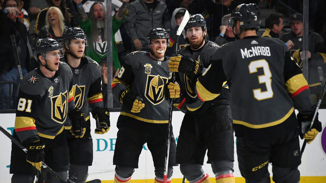 LAS VEGAS, NV - MARCH 18: (L-R) Jonathan Marchessault #81, William Karlsson #71, Nate Schmidt #88, James Neal #18 and Brayden McNabb #3 of the Vegas Golden Knights celebrate on the ice after Karlsson scored the first of his three goals in the second period against the Calgary Flames during their game at T-Mobile Arena on March 18, 2018 in Las Vegas, Nevada. The Golden Knights won 4-0.