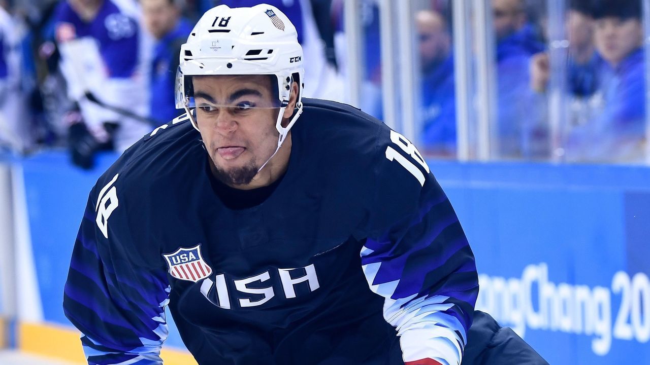 USA's Jordan Greenway skates in the men's preliminary round ice hockey match between the US and Slovakia during the Pyeongchang 2018 Winter Olympic Games at the Gangneung Hockey Centre in Gangneung on February 16, 2018. / AFP PHOTO / Brendan Smialowski