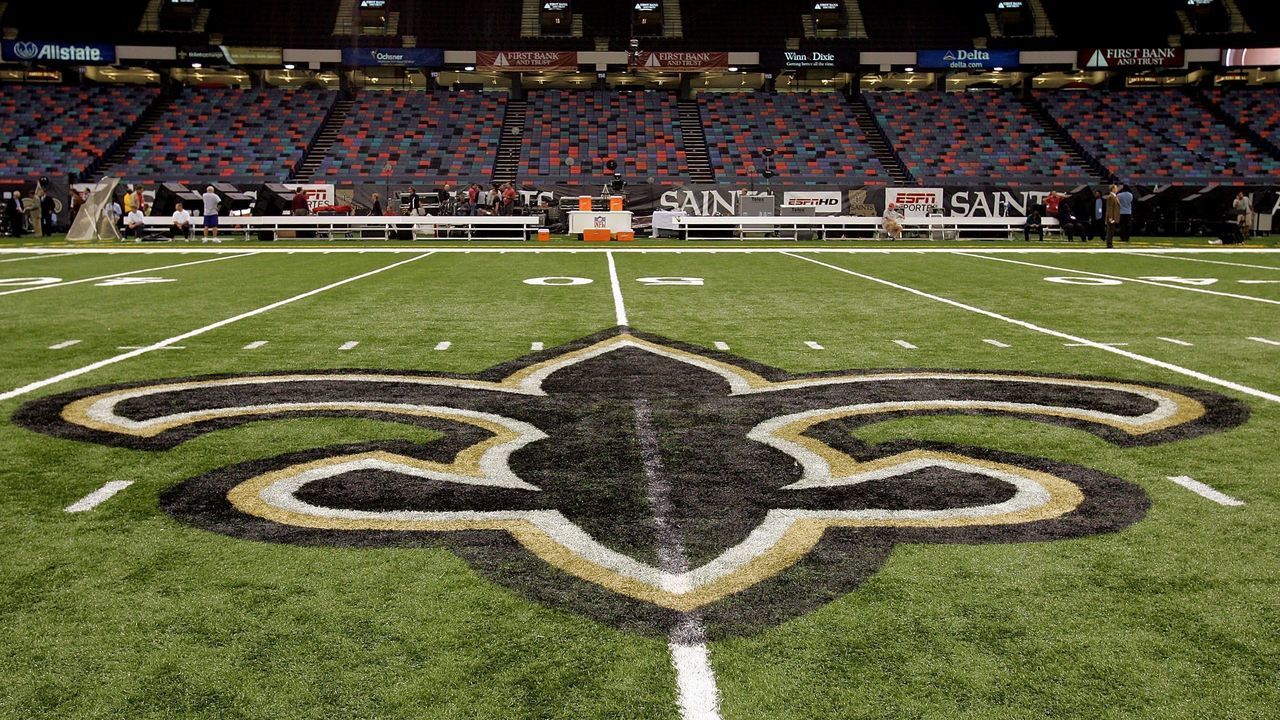 NEW ORLEANS - SEPTEMBER 25: An interior view of the field showing the New Orleans Saints logo, a fleur-de-lis, in the newly refurbished Superdome prior to the Monday Night Football game between the Atlanta Falcons and the New Orleans Saints on September 25, 2006 at the Superdome in New Orleans, Louisiana. Tonight's game marks the first time since Hurricane Katrina struck last August, that the Superdome, which served as a temporary shelter to thousands of stranded victims in the wake of Katrina, has played host to an NFL game.