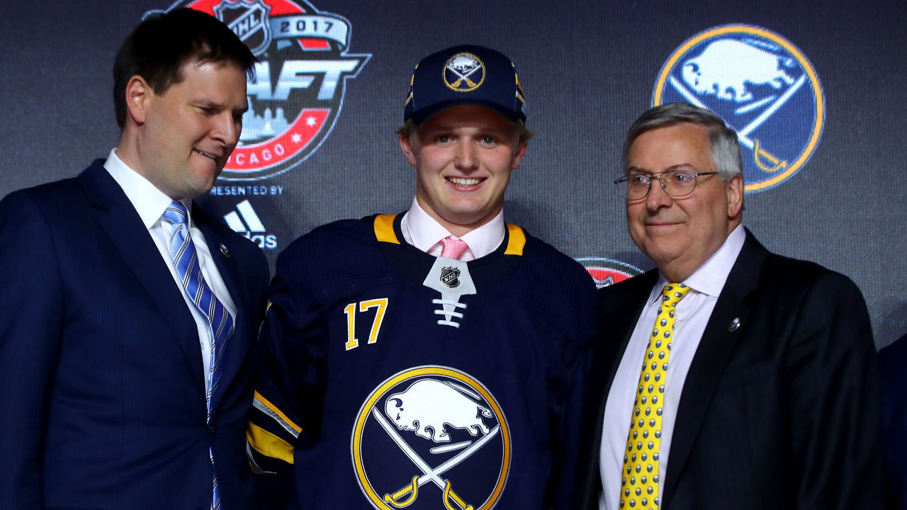 CHICAGO, IL - JUNE 23: Casey Mittelstadt poses for photos after being selected eighth overall by the Buffalo Sabres during the 2017 NHL Draft at the United Center on June 23, 2017 in Chicago, Illinois.