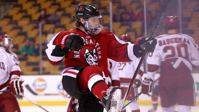 BOSTON, MA - FEBRUARY 08: Adam Gaudette #8 of Northeastern University reacts after scoring a goal against Harvard University during the first period of the Beanpot Tournament consolation game at TD Garden on February 8, 2016 in Boston, Massachusetts.