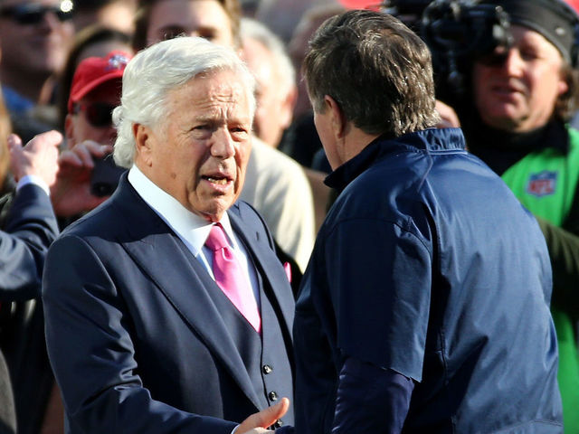 FOXBOROUGH, MA - JANUARY 21: New England Patriots owner Robert Kraft shakes hands with head coach Bill Belichick before the AFC Championship Game against the Jacksonville Jaguars at Gillette Stadium on January 21, 2018 in Foxborough, Massachusetts.