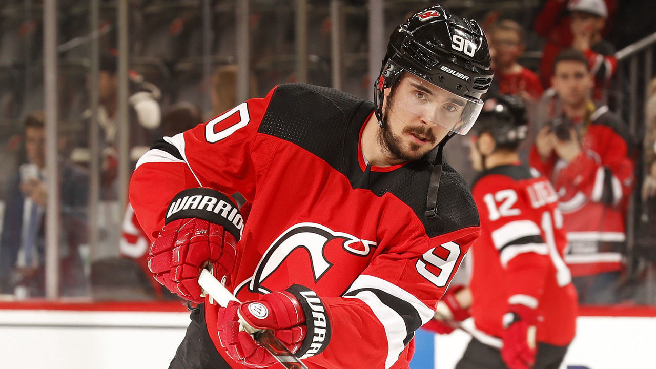 NEWARK, NJ - JANUARY 13: Marcus Johansson #90 of the New Jersey Devils during warm ups prior to taking on the Philadelphia Flyers at the Prudential Center on January 13, 2018 in Newark, New Jersey.