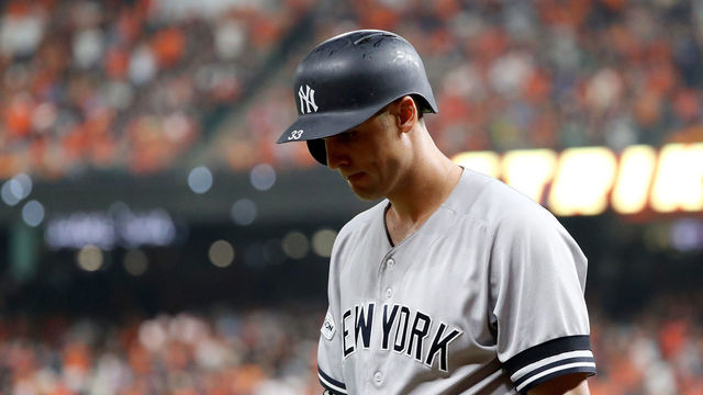 HOUSTON, TX - OCTOBER 20: Greg Bird #33 of the New York Yankees reacts after striking out against Justin Verlander #35 of the Houston Astros during the fourth inning in Game Six of the American League Championship Series at Minute Maid Park on October 20, 2017 in Houston, Texas.