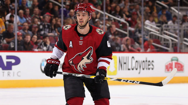 GLENDALE, AZ - NOVEMBER 24: Niklas Hjalmarsson #4 of the Arizona Coyotes in action during the first period of the NHL game against the Los Angeles Kings at Gila River Arena on November 24, 2017 in Glendale, Arizona. The Coyotes defeated the Kings 3-2 in overtime.
