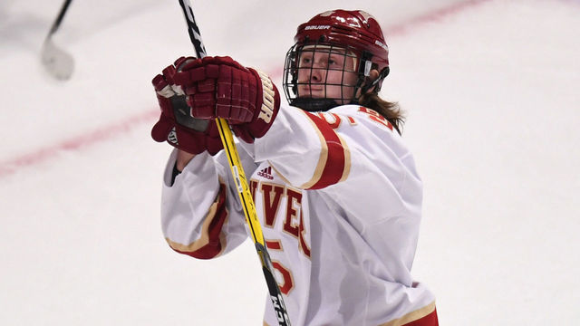 CHICAGO, IL - APRIL 06: Denver Pioneers forward Henrik Borgström (5) celebrates his goal in the first period of an NCAA Frozen Four semifinal game with the Denver Pioneers and the Notre Dame Fighting Irish on April 6, 2017, at the United Center in Chicago, IL.