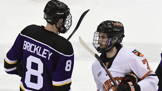 PRINCETON, NJ - DECEMBER 16: Daniel Brickley #8 of the Minnesota State Mavericks shakes hands with Liam Grande #7 of the Princeton Tigers after the game at Hobey Baker Rink on December 16, 2016 in Princeton, New Jersey. Princeton won 6-1.