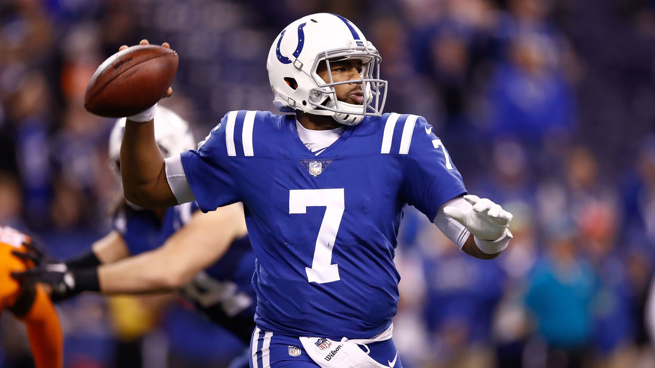 INDIANAPOLIS, IN - DECEMBER 14: Jacoby Brissett #7 of the Indianapolis Colts throws a pass against the Denver Broncos during the second half at Lucas Oil Stadium on December 14, 2017 in Indianapolis, Indiana.