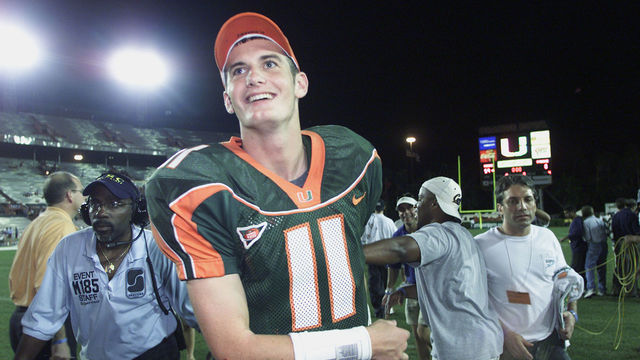 MIAMI - NOVEMBER 17: Quarterback Ken Dorsey #11 of the Miami Hurricanes smiles after the Big East Conference football game against the Syracuse Orangemen at the Orange Bowl on November 17, 2001 in Miami Florida. Miami won 59-0.