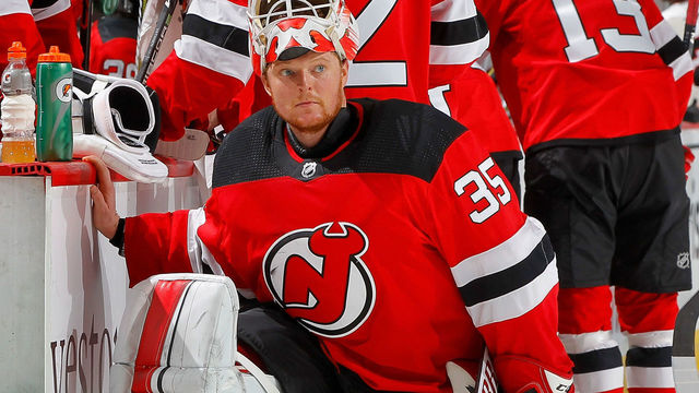 NEWARK, NJ - DECEMBER 23: Cory Schneider #35 of the New Jersey Devils looks on against the Chicago Blackhawks on December 23, 2017 at Prudential Center in Newark, New Jersey. The Devils defeated the Blackhawks 4-1.