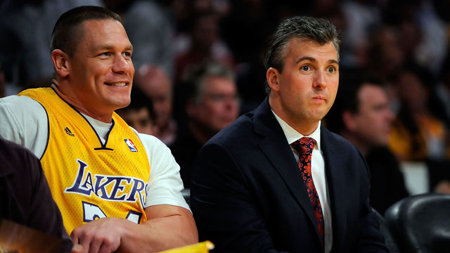LOS ANGELES, CA - MAY 21: (L-R) WWE wrestler John Cena and WWE executive Shane McMahon attend Game Two of the Western Conference Finals during the 2009 NBA Playoffs between the Los Angeles Lakers and the Denver Nuggets at Staples Center on May 21, 2009 in Los Angeles, California.