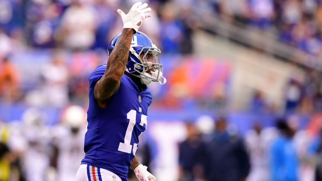 EAST RUTHERFORD, NJ - OCTOBER 08: Odell Beckham #13 of the New York Giants reacts against the Los Angeles Chargers during an NFL game at MetLife Stadium on October 8, 2017 in East Rutherford, New Jersey. The Los Angeles Chargers defeated the New York Giants 27-22.