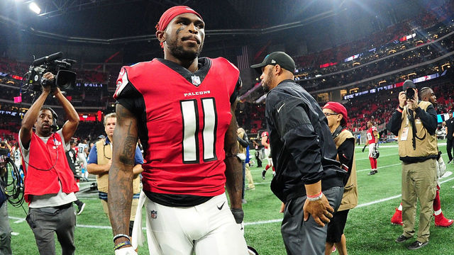 ATLANTA, GA - DECEMBER 31: Julio Jones #11 of the Atlanta Falcons walks off the field after beating the Carolina Panthers at Mercedes-Benz Stadium on December 31, 2017 in Atlanta, Georgia.