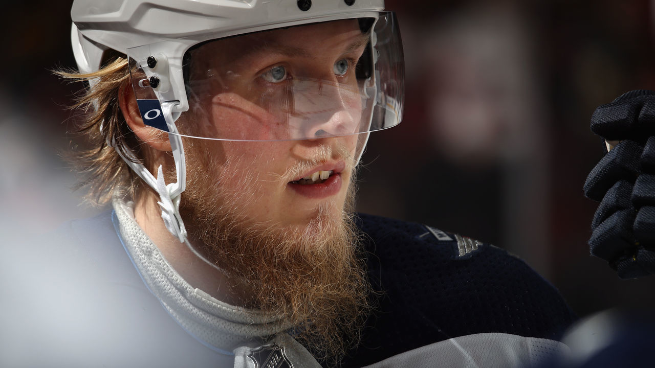 NEWARK, NJ - MARCH 08: Patrik Laine #29 of the Winnipeg Jets skates against the New Jersey Devils at the Prudential Center on March 8, 2018 in Newark, New Jersey.