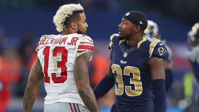 LONDON, ENGLAND - OCTOBER 23: Odell Beckham Jr of New York Giants chats with E.J. Gains of Los Angels Rams after the NFL International Series match between New York Giants and Los Angeles Rams at Twickenham Stadium on October 23, 2016 in London, England.