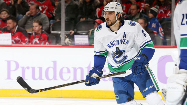 NEWARK, NJ - NOVEMBER 24: Christopher Tanev #8 of the Vancouver Canucks skates during the second period against the New Jersey Devils on November 24, 2017 at the Prudential Center in Newark, New Jersey.