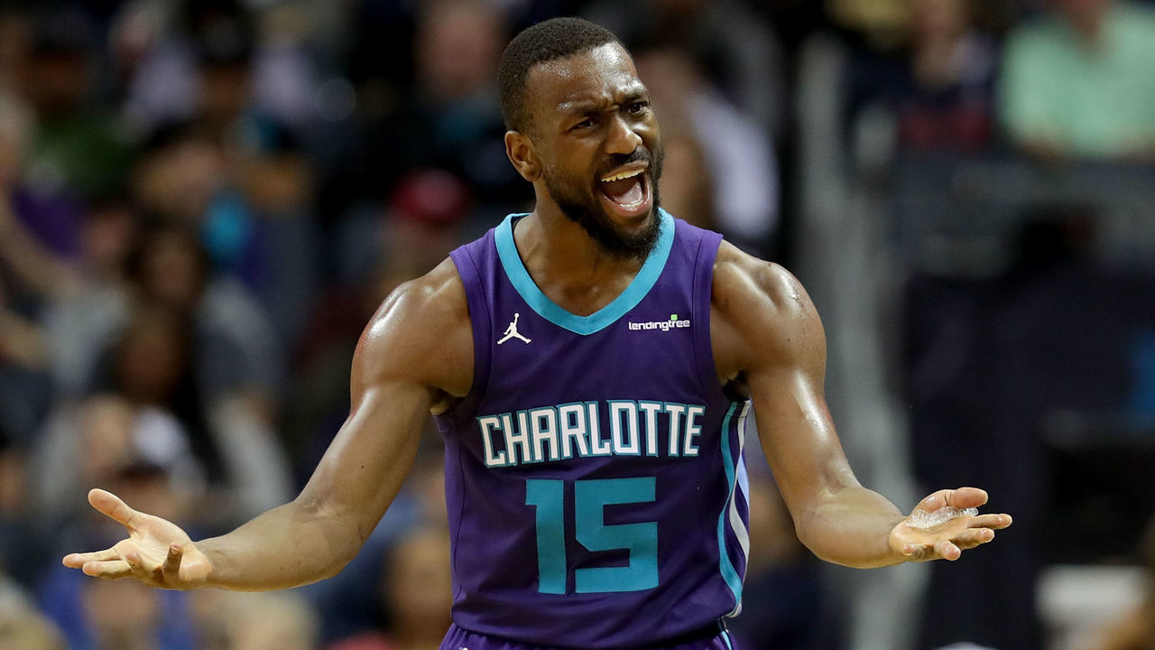 CHARLOTTE, NC - FEBRUARY 11: Kemba Walker #15 of the Charlotte Hornets reacts after a play against the Toronto Raptors during their game at Spectrum Center on February 11, 2018 in Charlotte, North Carolina.