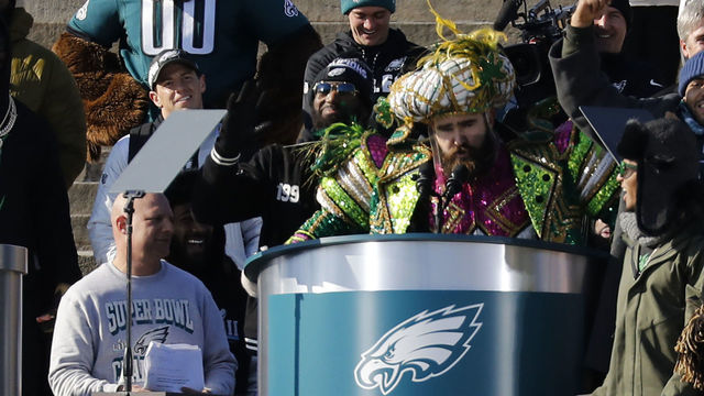 PHILADELPHIA, PA - FEBRUARY 08: Center Jason Kelce speaks at a ceremony honoring the Philadelphia Eagles Super Bowl win on February 8, 2018 in Philadelphia, Pennsylvania.