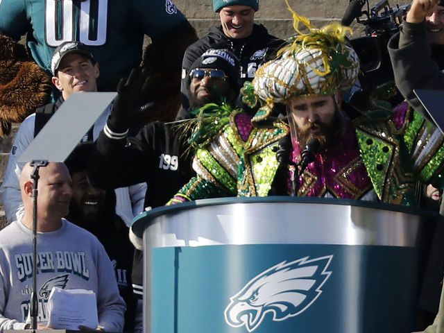PHILADELPHIA, PA - FEBRUARY 08: Center Jason Kelce speaks at a ceremony honoring the Philadelphia Eagles Super Bowl win on February 8, 2018 in Philadelphia, Pennsylvania.