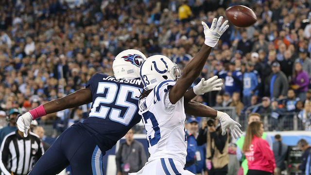 NASHVILLE, TN - OCTOBER 16: Adoree' Jackson #25 of the Tennessee Titans breaks up a pass to T.Y. Hilton #13 of the Indianapolis Colts during the first half at Nissan Stadium on October 16, 2017 in Nashville, Tennessee.