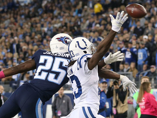 NASHVILLE, TN - OCTOBER 16: Adoree' Jackson #25 of the Tennessee Titans breaks up a pass to T.Y. Hilton #13 of the Indianapolis Colts during the first half at Nissan Stadium on October 16, 2017 in Nashville, Tennessee.