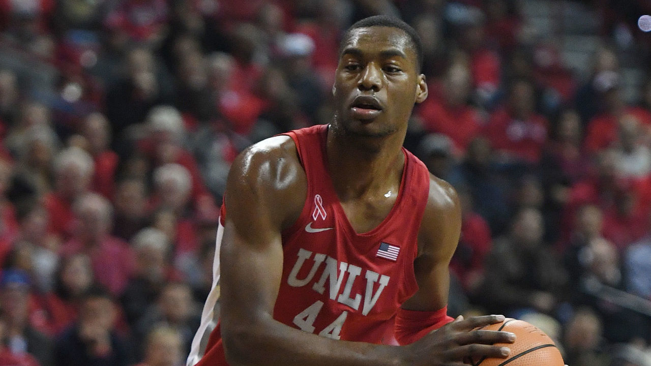 LAS VEGAS, NV - FEBRUARY 28: Brandon McCoy #44 of the UNLV Rebels looks to pass against the Nevada Wolf Pack during their game at the Thomas & Mack Center on February 28, 2018 in Las Vegas, Nevada. The Wolf Pack won 101-75.