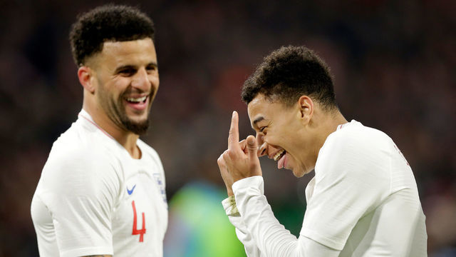 AMSTERDAM, NETHERLANDS - MARCH 23: Jesse Lingard of England celebrates 0-1 with Kyle Walker of England during the International Friendly match between Holland v England at the Johan Cruijff Arena on March 23, 2018 in Amsterdam Netherlands
