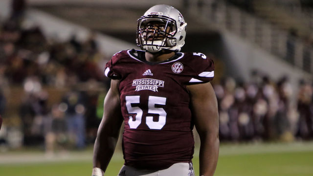 STARKVILLE, MS - NOVEMBER 19: Mississippi State Bulldogs offensive lineman Martinas Rankin (55) during the game between the Arkansas Razorbacks and the Mississippi State Bulldogs on November 19, 2016. Arkansas defeated Mississippi State by the score of 58-42 at Davis Wade Stadium in Starkville, MS.