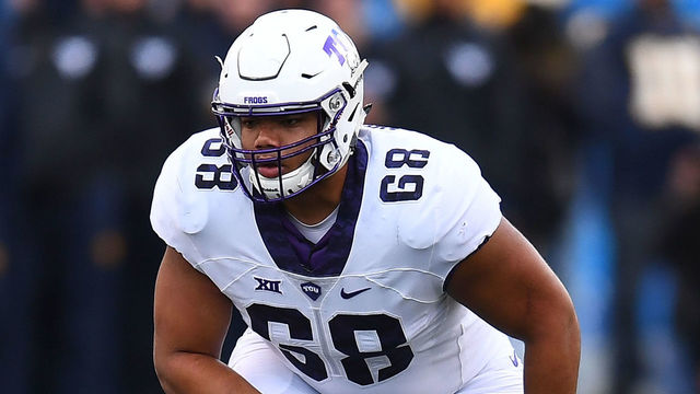 MORGANTOWN, WV - OCTOBER 22: Joseph Noteboom #68 of the TCU Horned Frogs in action during the game against the West Virginia Mountaineers at Mountaineer Field on October 22, 2016 in Morgantown, West Virginia.
