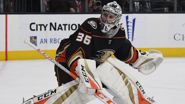 LAS VEGAS, NV - FEBRUARY 19: John Gibson #36 of the Anaheim Ducks tends net in the second period of a game against the Vegas Golden Knights at T-Mobile Arena on February 19, 2018 in Las Vegas, Nevada. The Ducks won 2-0.