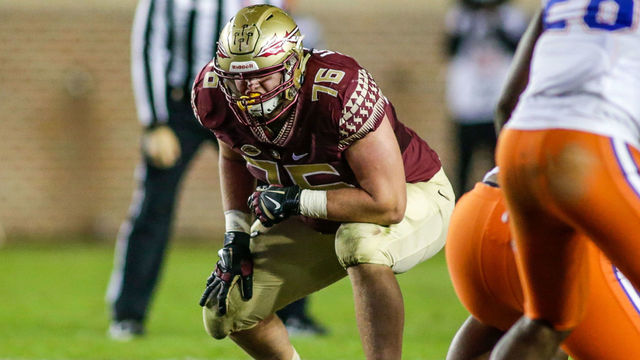 TALLAHASSEE, FL - NOVEMBER 26: Florida State Seminoles offensive lineman Rick Leonard (76) before the snap during the NCAA football game between the Florida Gators and the Florida State Seminoles on November 26, 2016, at Bobby Bowden Field at Doak Campbell Stadium in Tallahassee, Fl. Florida State won the game 31-13.