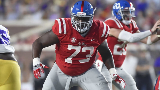 OXFORD, MS - OCTOBER 21: Mississippi Rebels right tackle Rod Taylor prepares to block during the first quarter of a NCAA college football game against the LSU Tigers on October 21, 2017, at Vaught-Hemmingway Stadium in Oxford, MS. LSU won 40-24.