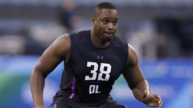 INDIANAPOLIS, IN - MARCH 02: Wagner offensive lineman Greg Senat in action during the 2018 NFL Combine at Lucas Oil Stadium on March 2, 2018 in Indianapolis, Indiana.