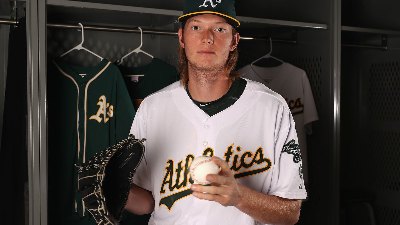 MESA, AZ - FEBRUARY 22: Pitcher A.J. Puk #79 of the Oakland Athletics poses for a portrait during photo day at HoHoKam Stadium on February 22, 2017 in Mesa, Arizona.